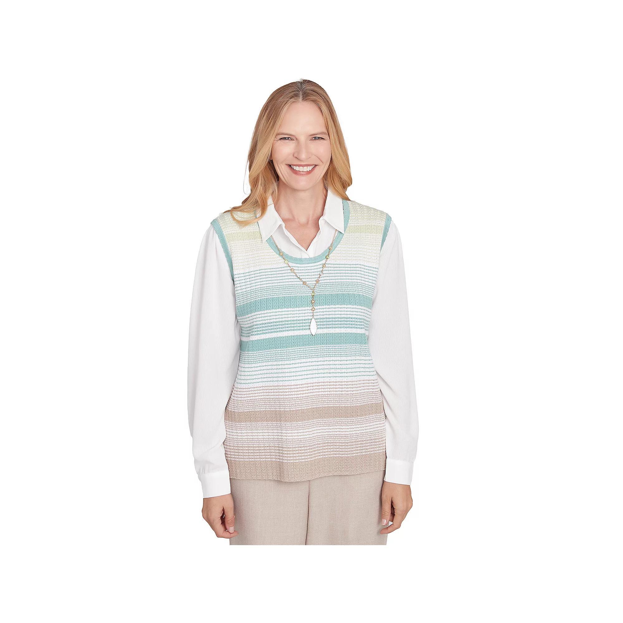 Petite Alfred Dunner Striped Vest Collared Two in One Sweater with Necklace, Women's, Size: Large Petite, Neutral Team Product Image