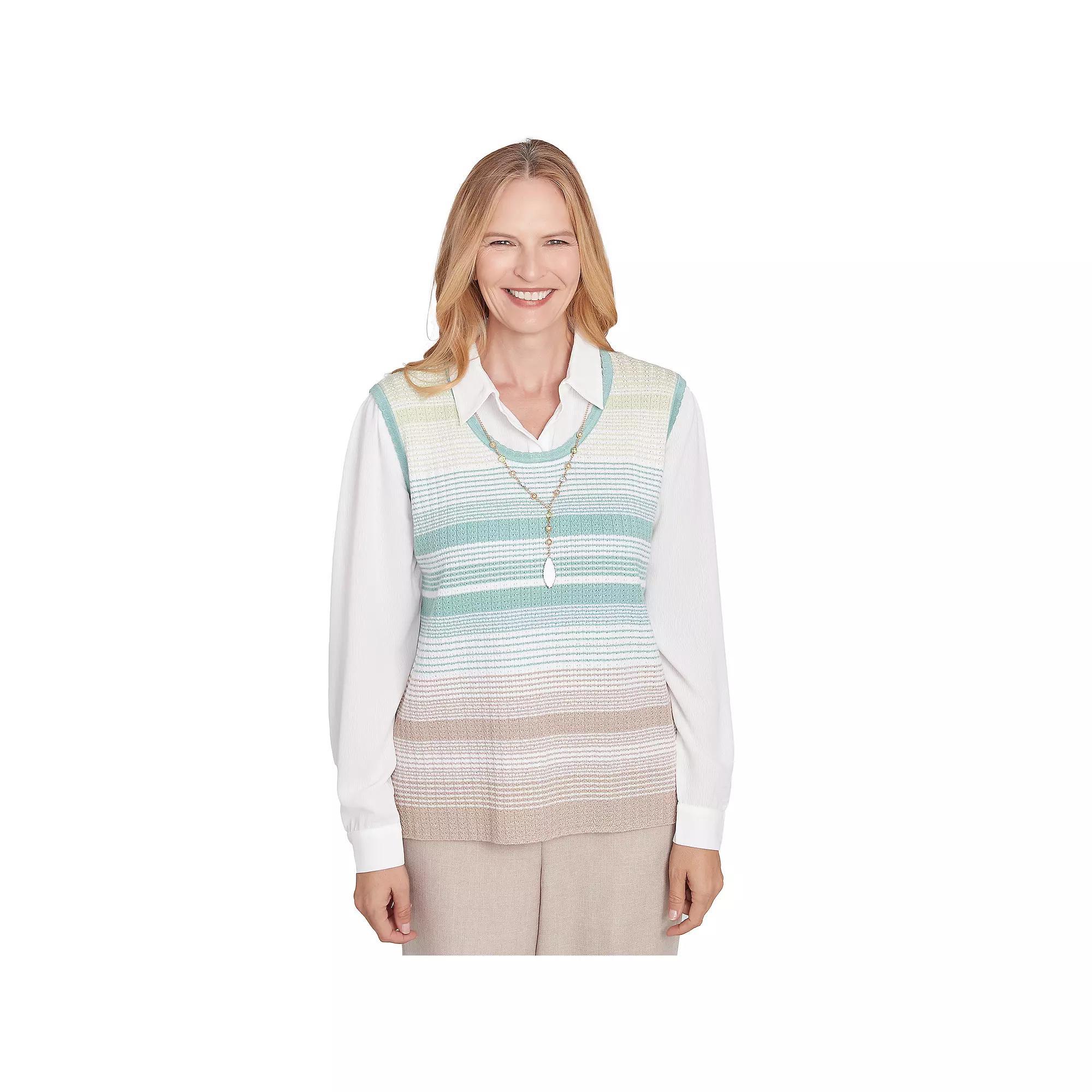 Petite Alfred Dunner Striped Vest Collared Two in One Sweater with Necklace, Women's, Size: Small Petite, Neutral Team Product Image