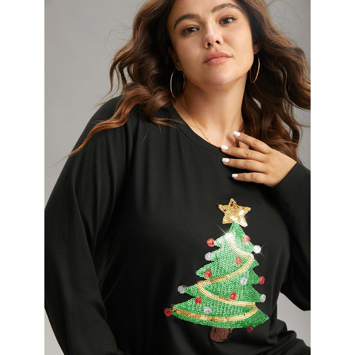 Plus Size Christmas Trees Sequin Round Neck T-shirt Black Women Casual Sequin Christmas Festival-Christmas T-shirts BloomChic 14-16/1X Product Image