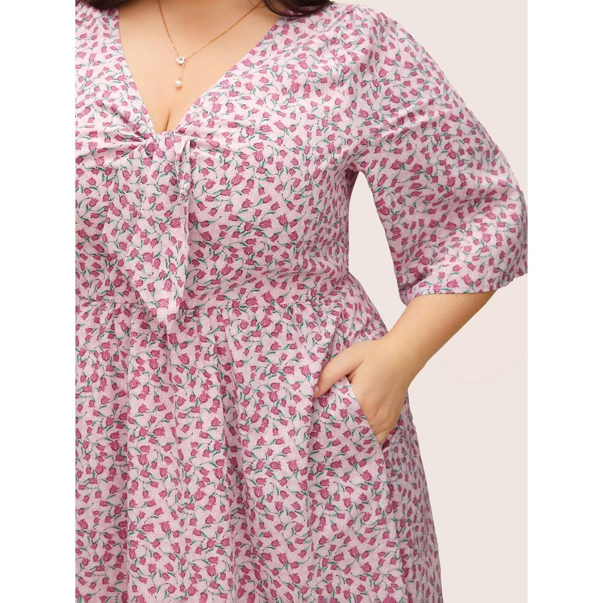 Plus Size Ditsy Floral Tie Neck Elastic Waist Dress Pink Women Elegant Non V-neck Half Sleeve Curvy Midi Dress BloomChic 30/6X Product Image