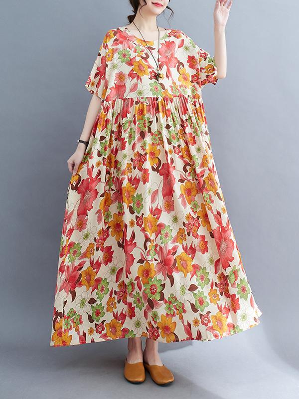 Loose Short Sleeves Pleated Printed Split-Joint Round-Neck Midi Dresses Product Image