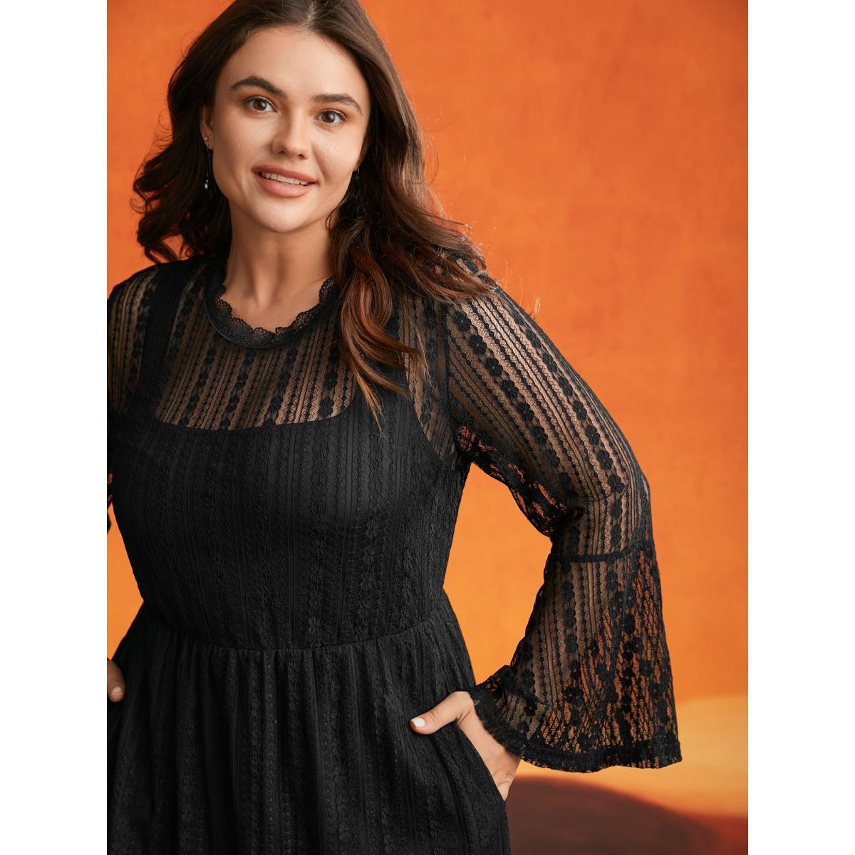 Plus Size Spellbound Halter Neck Sheer Midi Dress Black Women Cocktail Woven ribbon&lace trim Party Curvy Bloomchic 12/L Product Image