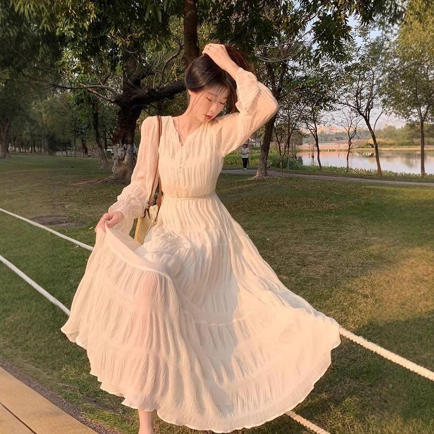 Long-Sleeve Henley Plain Tiered Midi A-Line Dress Product Image