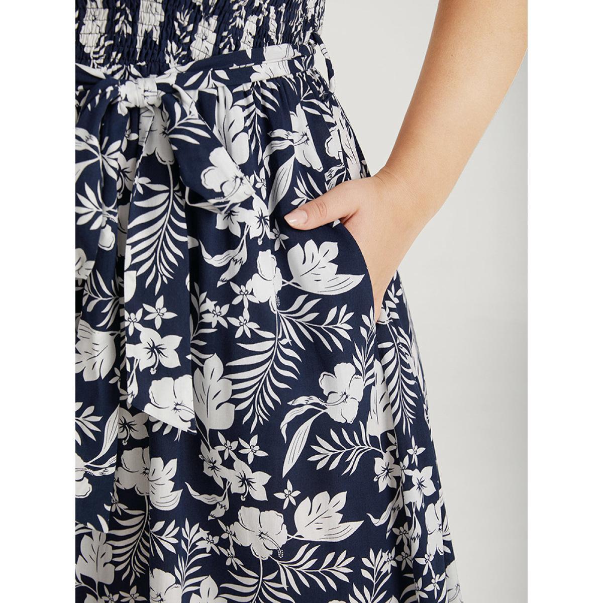 Plus Size Floral Print Spaghetti Strap Shirred Belted Pocket Dress DarkBlue Women Elegant Belted Spaghetti Strap Sleeveless Curvy Midi Dress BloomChic 10/M Product Image