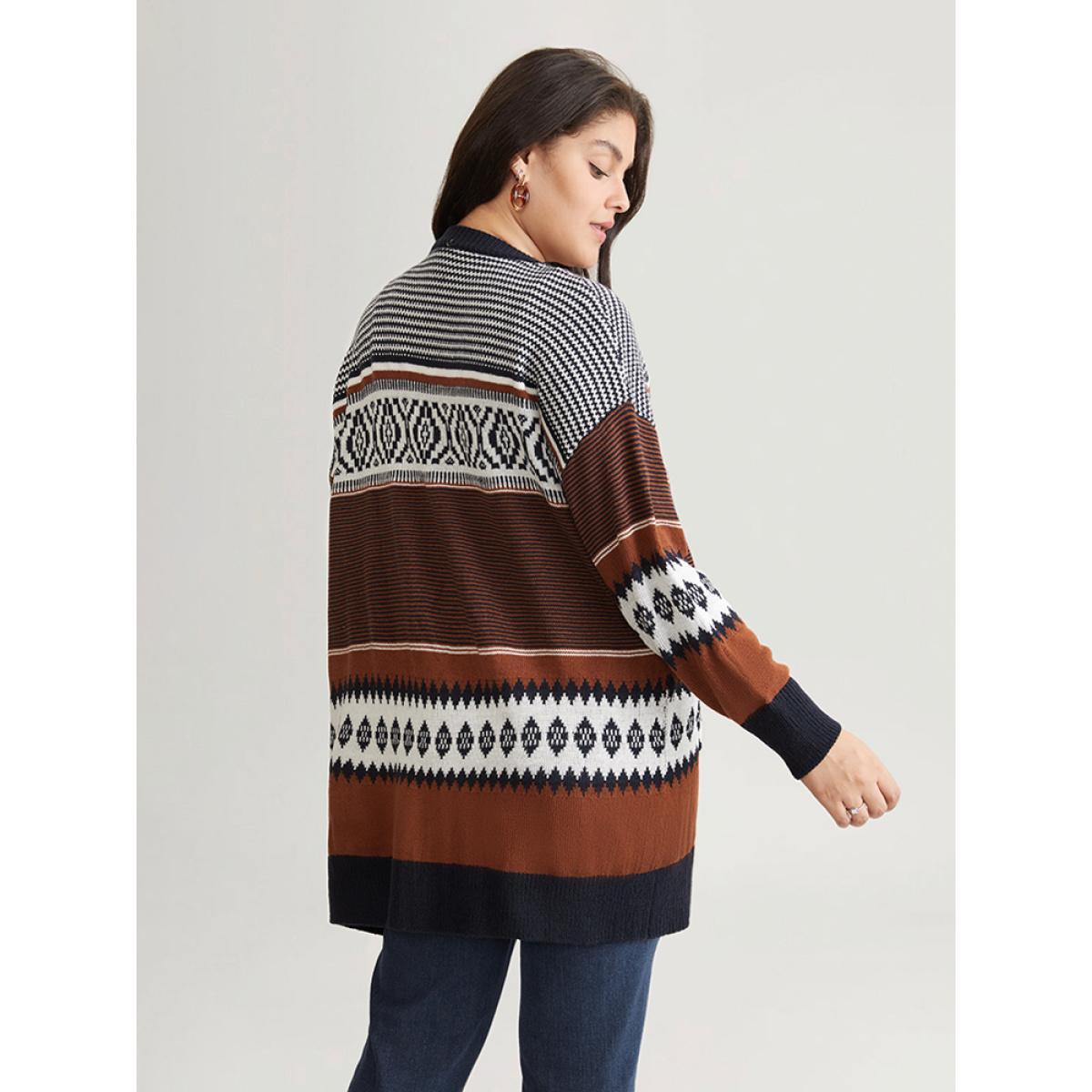 Plus Size Bandana Print Open Front Patched Pocket Cardigan Rust Women Casual Loose Long Sleeve Dailywear Cardigans BloomChic 14-16/1X Product Image