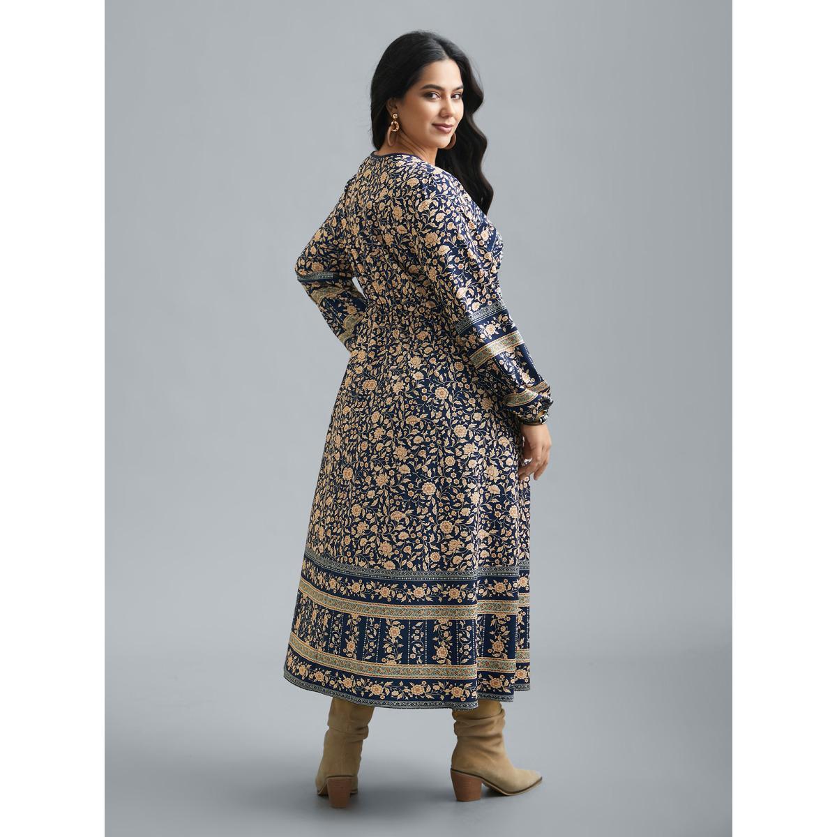 Plus Size Surplice Neck Boho Print Elastic Waist Dress Indigo Women Resort Non Overlap Collar Long Sleeve Curvy BloomChic 22-24/3X Product Image
