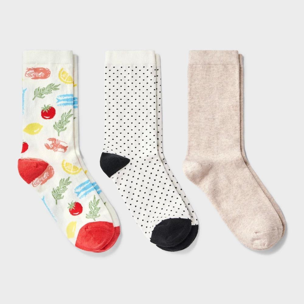 Womens Mediterranean Diet 3pk Crew Socks - A New Day Ivory/Red/Oatmeal 4-10 Product Image