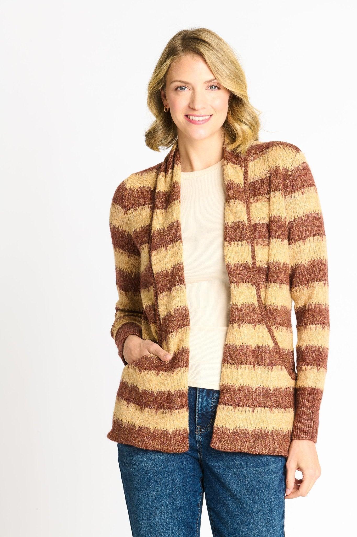 Wave Stripe J-Pocket Cardigan Sweater, Caramel Heather Product Image