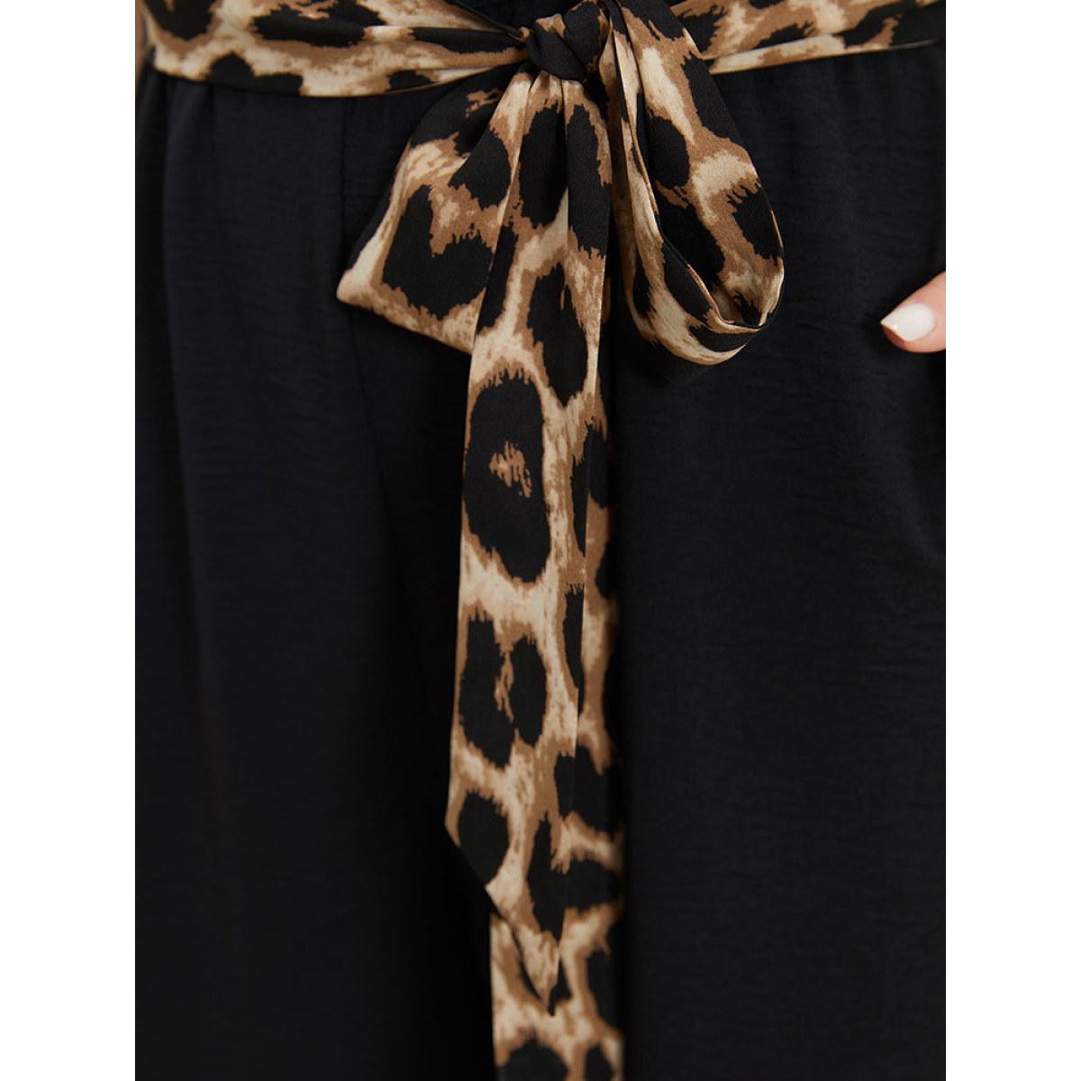 Plus Size DarkBlue Leopard Patchwork Pocket Belted Ruffle Sleeve Jumpsuit Women Office Sleeveless Round Neck Work Loose Jumpsuits BloomChic 26/4X Product Image