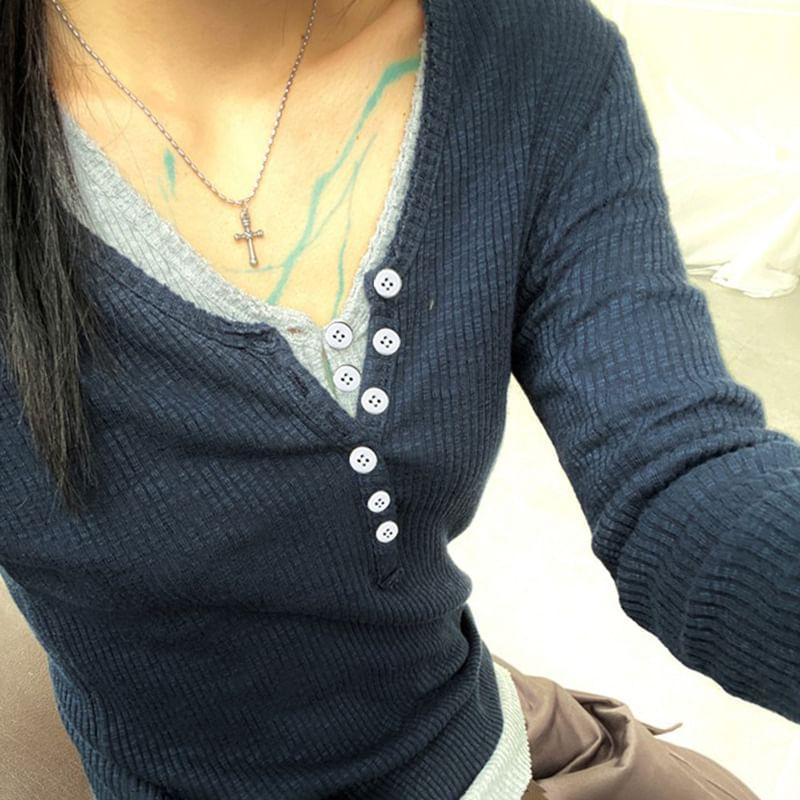 Long Sleeve V-Neck Mock Two Piece Tee Product Image