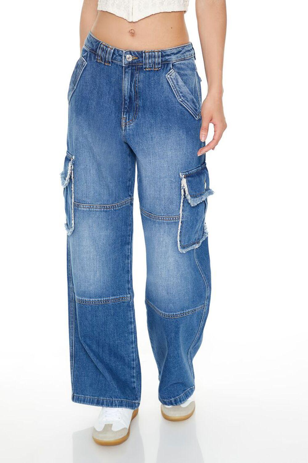 Frayed Wide-Leg Cargo Jeans | Forever 21 Product Image