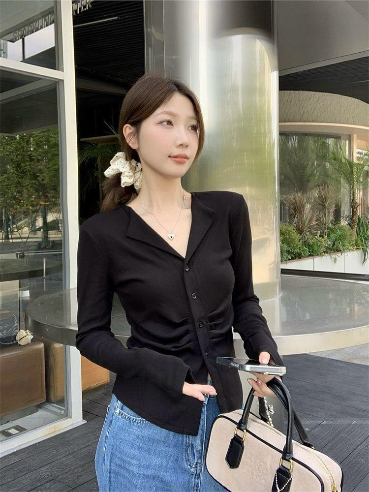 Long Sleeve V-Neck Collar Plain Ruched Slim-Fit Light Cardigan Product Image