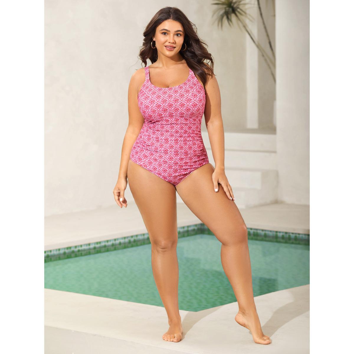 Plus Size Geometric Print Ruched One-Piece Swimsuit Women's Swimwear Peach Beach Gathered Curve Bathing Suits High stretch One Pieces BloomChic 18-20/2X Product Image