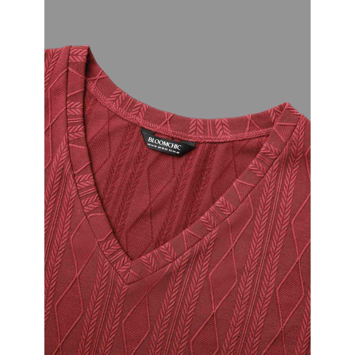 Plus Size V-neck Cable Knit Slim-Fit Tee Deepred Women Casual Texture V-neck Everyday T-shirts BloomChic 10/M Product Image