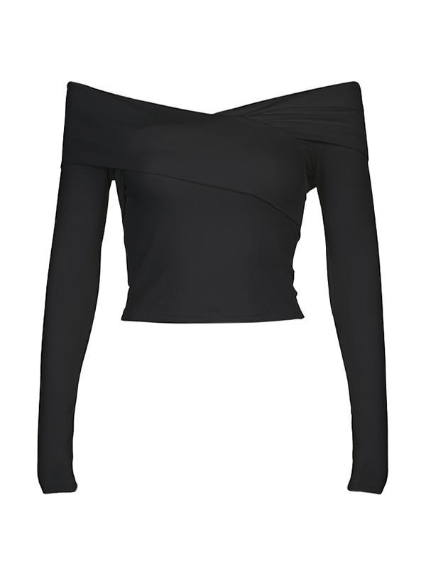 Solid Off Shoulder Crossover Design Long Sleeve Tee Product Image