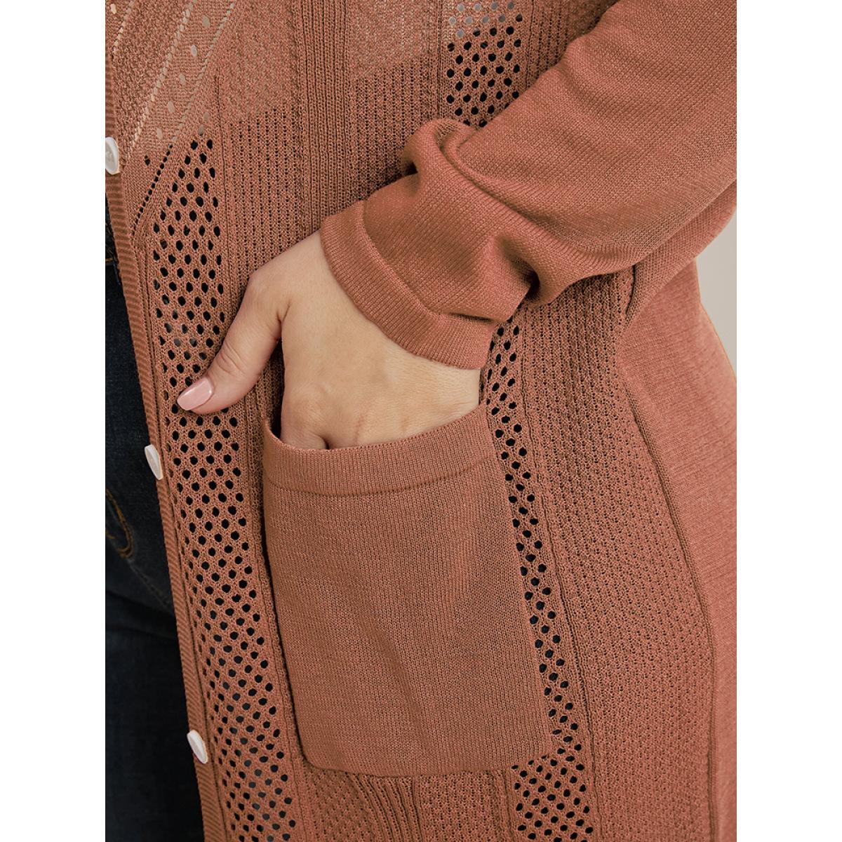Plus Size Plain Ice Rayon Yarn Eyelet Pocket Button Front Cardigan Russet Women Casual Long Sleeve Dailywear Cardigans BloomChic 10/M Product Image