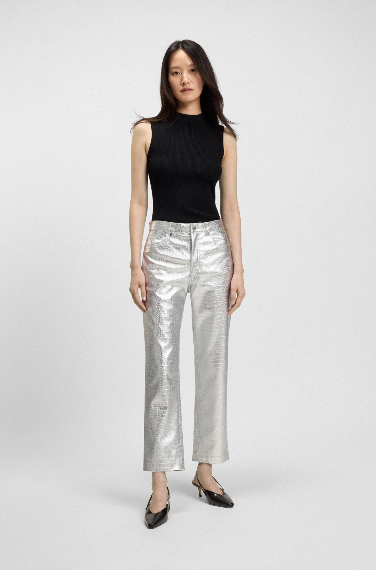 Straight-leg trousers in crocodile-embossed faux leather Product Image