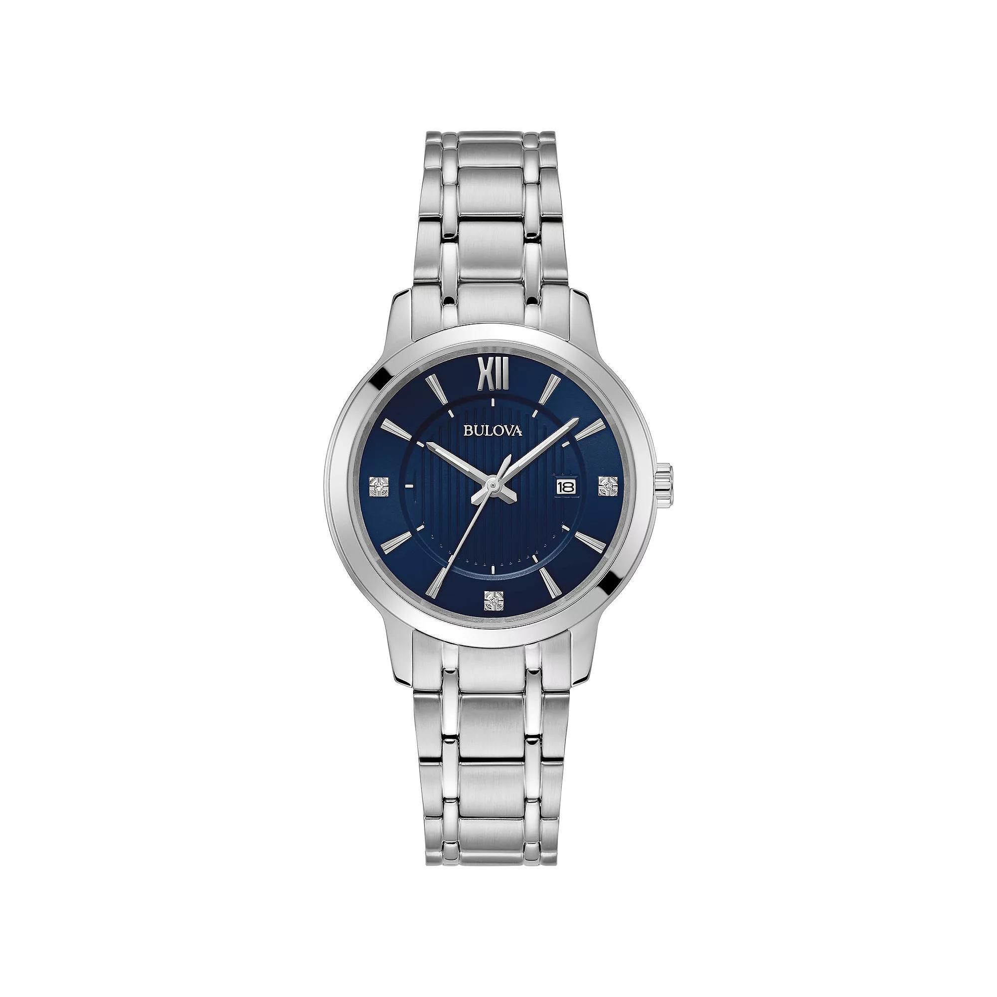 Bulova Womens Classic Stainless Steel Diamond Accent Blue Dial Bracelet Watch - 96P235 Gold Silver Product Image