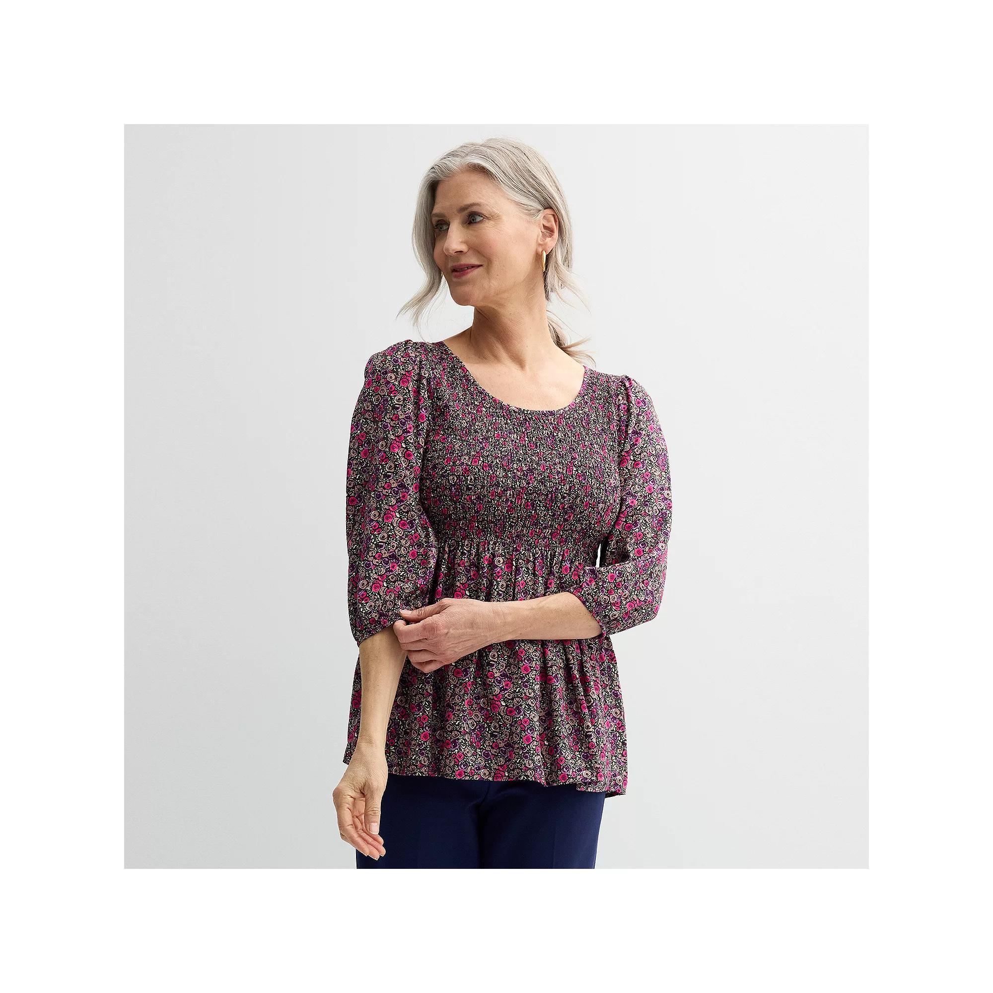 Women's Croft & Barrow® Three-Quarter Sleeve Smocked Blouse, Size: Medium, Blue Scatter Dot Product Image