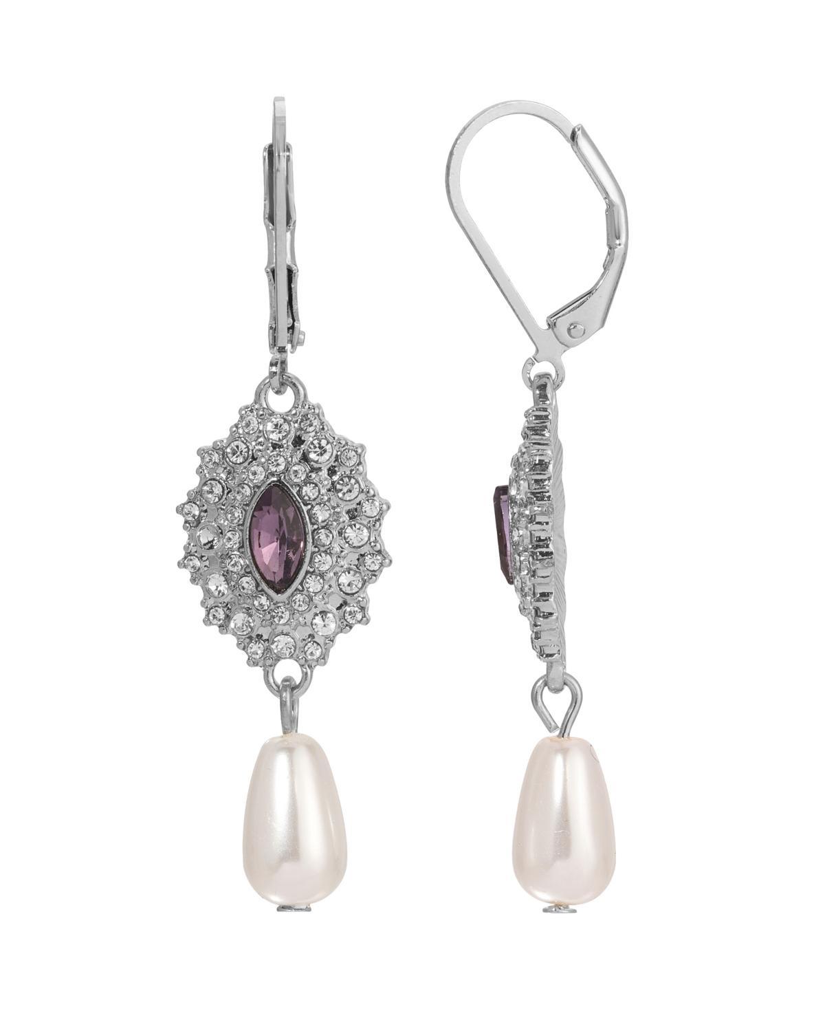 1928 Silver Tone Crystal & Simulated Pearl Starburst Drop Earrings, Women's, Red Product Image