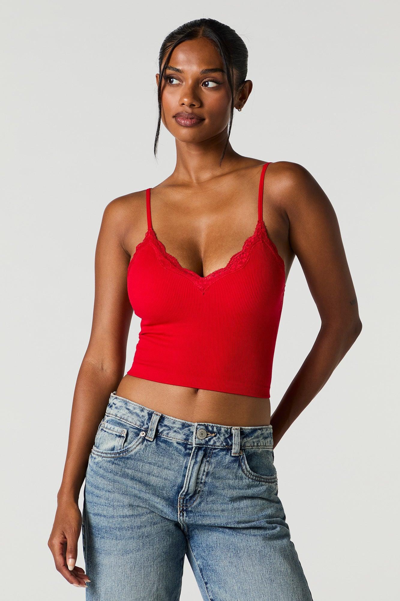Seamless Ribbed Lace Trim Cami with Built-In Bra Cups Female Product Image