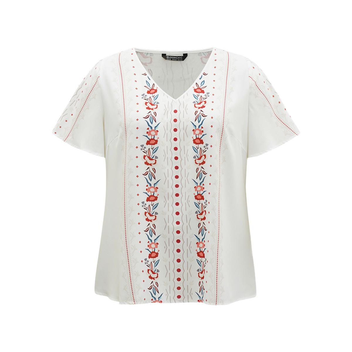 Plus Size White Bandana Print V Neck Flutter Sleeve Blouse Women Vacation Short sleeve V-neck Dailywear Blouses BloomChic 26/4X Product Image