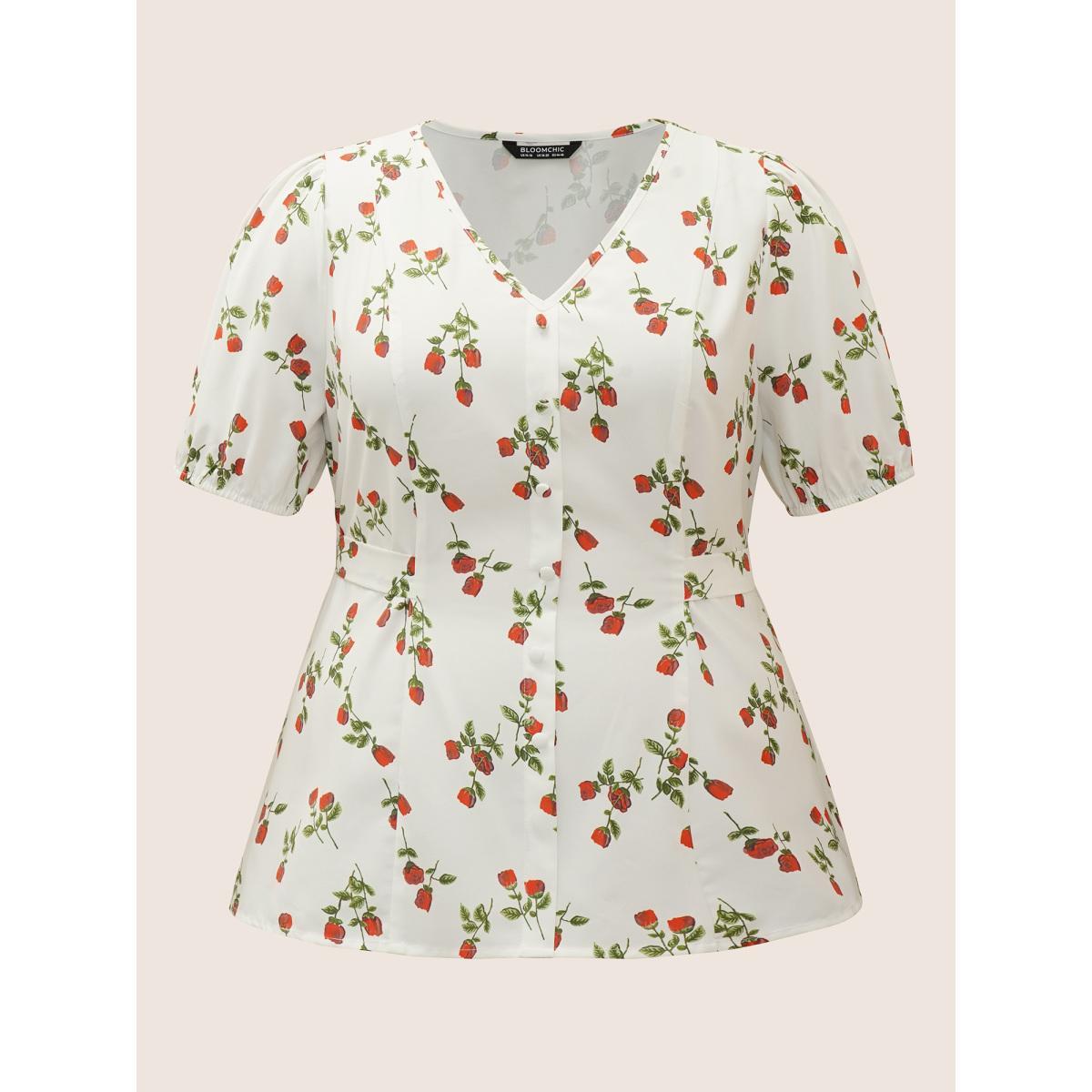 Plus Size Ivory Rose Print Tie Knot Button Detail Ties Blouse Women Elegant Short sleeve V-neck Everyday Blouses BloomChic 18-20/2X Product Image