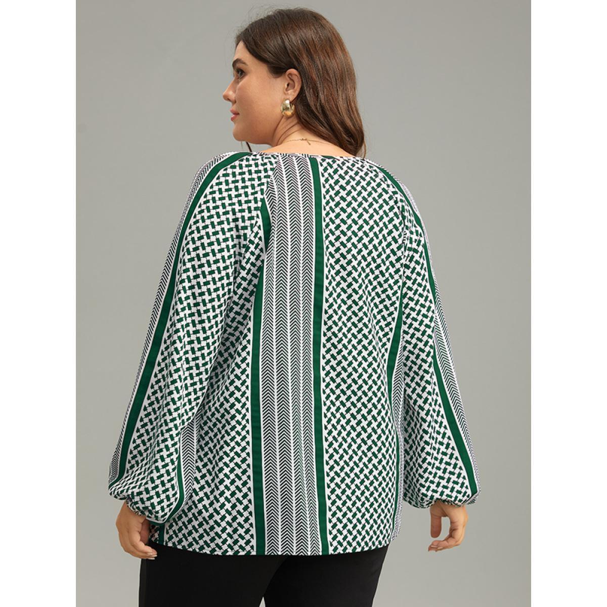 Plus Size DarkGreen Geo Striped Tie Lantern Sleeve Blouse Women Resort Long Sleeve Tie Neck Vacation Blouses BloomChic 22-24/3X Product Image