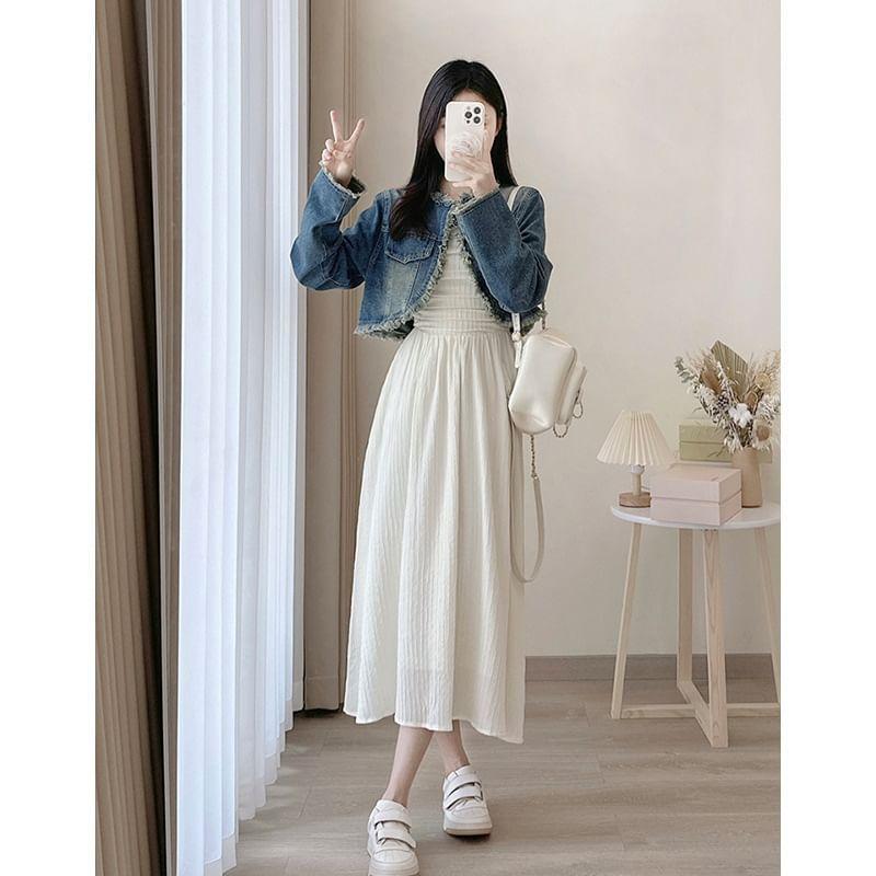 Strapless Plain Shirred Midi A-Line Dress Product Image