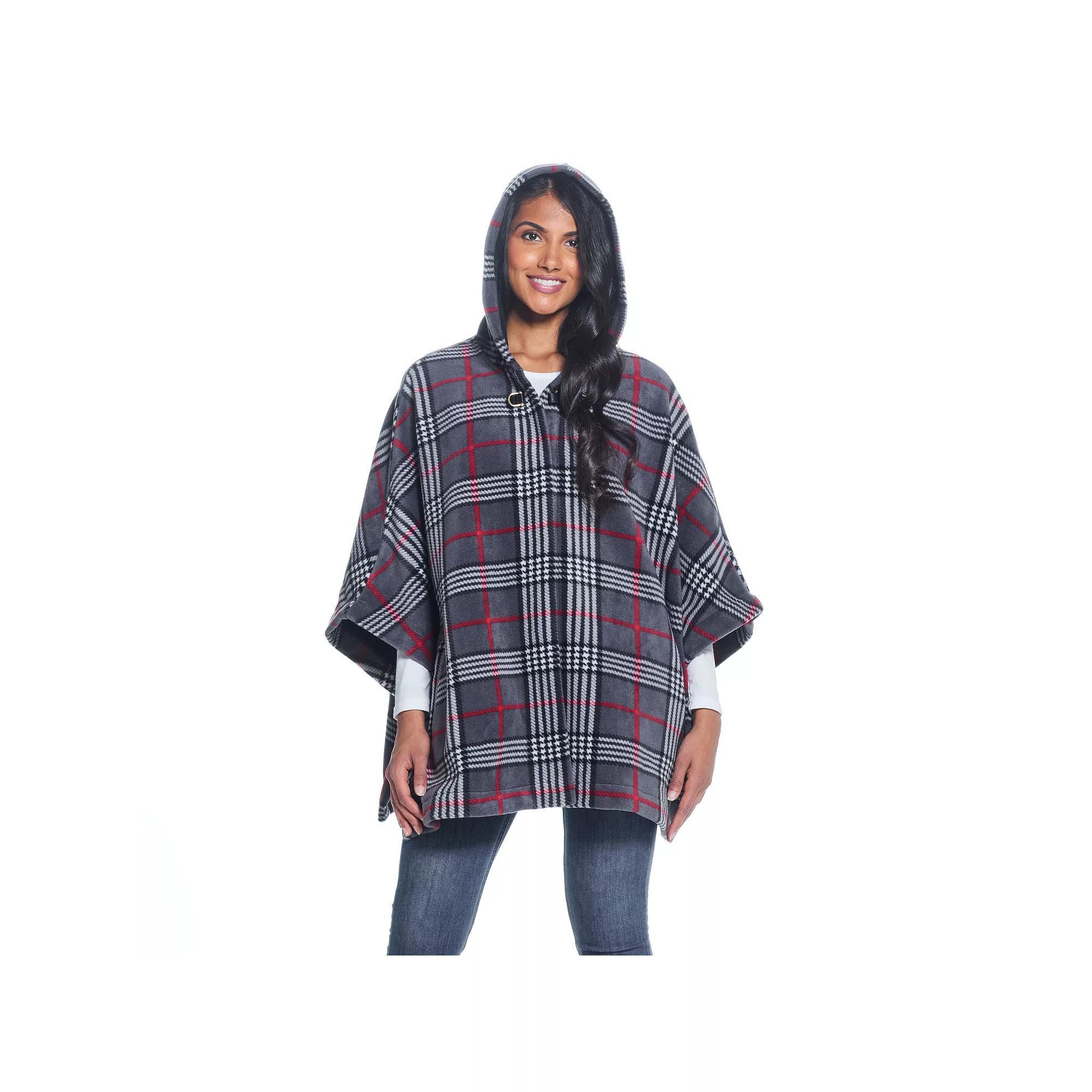 Women's Weathercast Hood Plaid Fleece Poncho, Grey Red Plaid Product Image