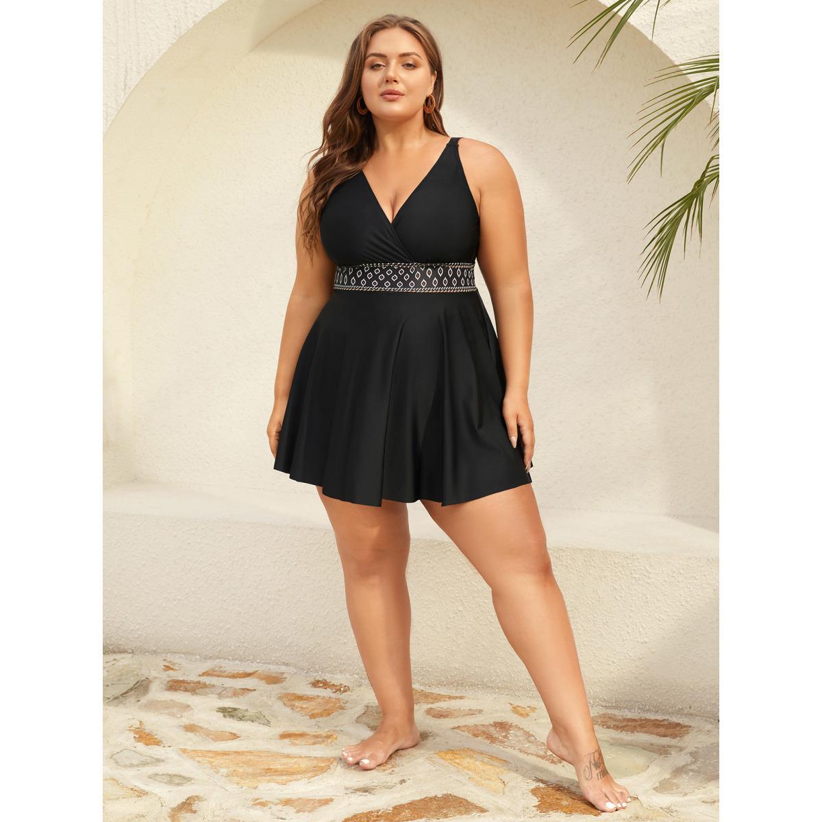 Plus Size Shell Embroidered Surplice Neck Swim Dress Women's Swimwear Black Beach Bodycon Overlap Collar High stretch Curve Swim Dresses BloomChic 22-24/3X Product Image