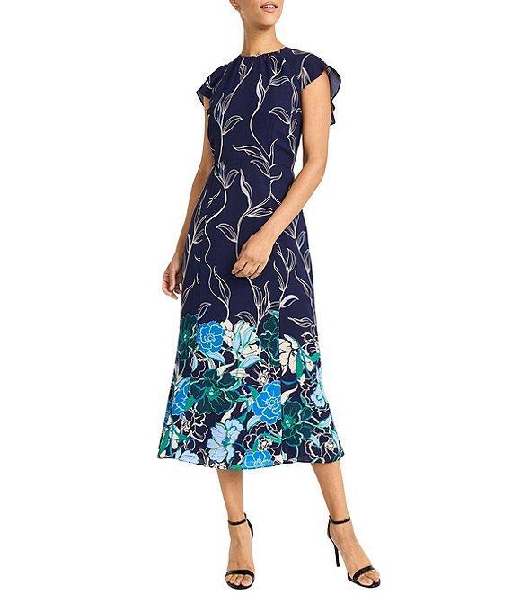Maggy London Printed Georgette Crew Neck Short Sleeve Back Ruffle A-Line Dress Product Image