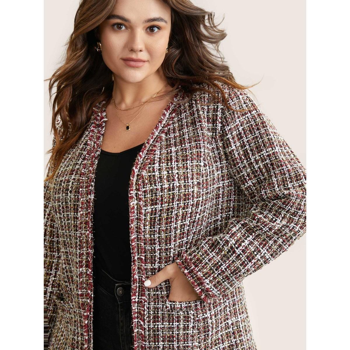 Plus Size Tweed Fuzzy Trim Pocket Open Front Jacket Women Multicolor Texture Pocket Everyday Jackets BloomChic 28/5X Product Image