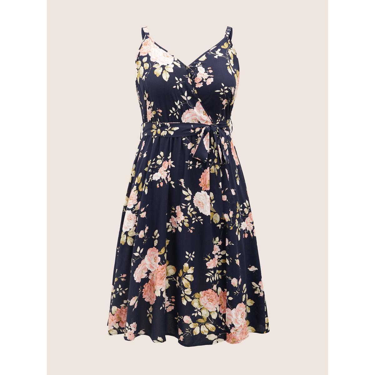 Plus Size Floral Wrap Elastic Waist Belted Sleeveless Dress DarkBlue Women Elegant Non Spaghetti Strap Sleeveless Curvy Midi Dress BloomChic 30/6X Product Image