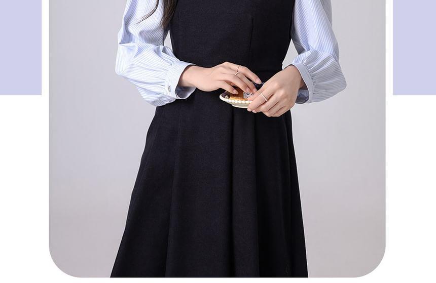 Long-Sleeve Collared Mock Two-Piece Striped Panel Pleated Midi A-Line Dress Product Image