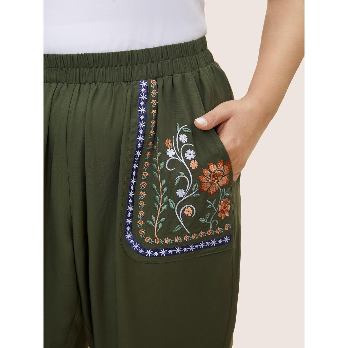 Plus Size Floral Embroidered Elastic Waist Slanted Pocket Pants Women ArmyGreen Resort Loose High Rise Vacation Pants BloomChic 10/M Product Image