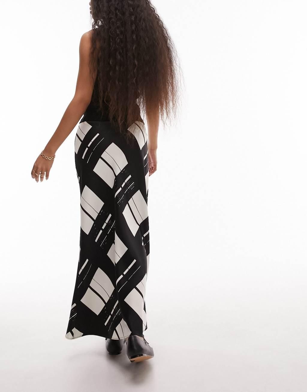 Topshop Petite satin bias skirt with printed check Product Image