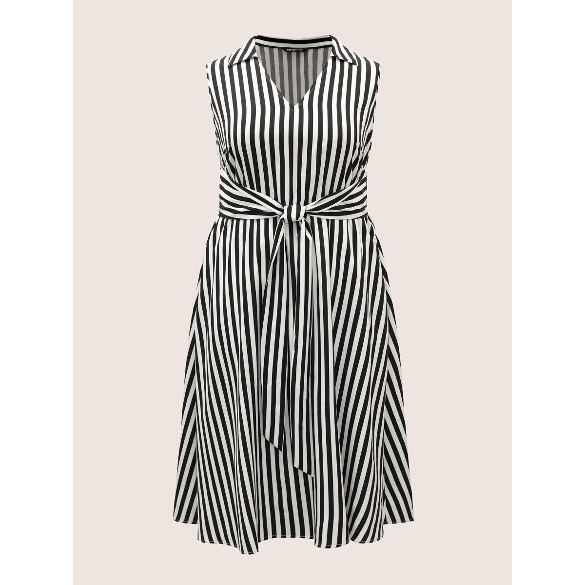 Plus Size Striped Shirt Collar Sleeveless Tie Dress Black Women At the Office Shirt collar Sleeveless Curvy BloomChic 18-20/2X Product Image