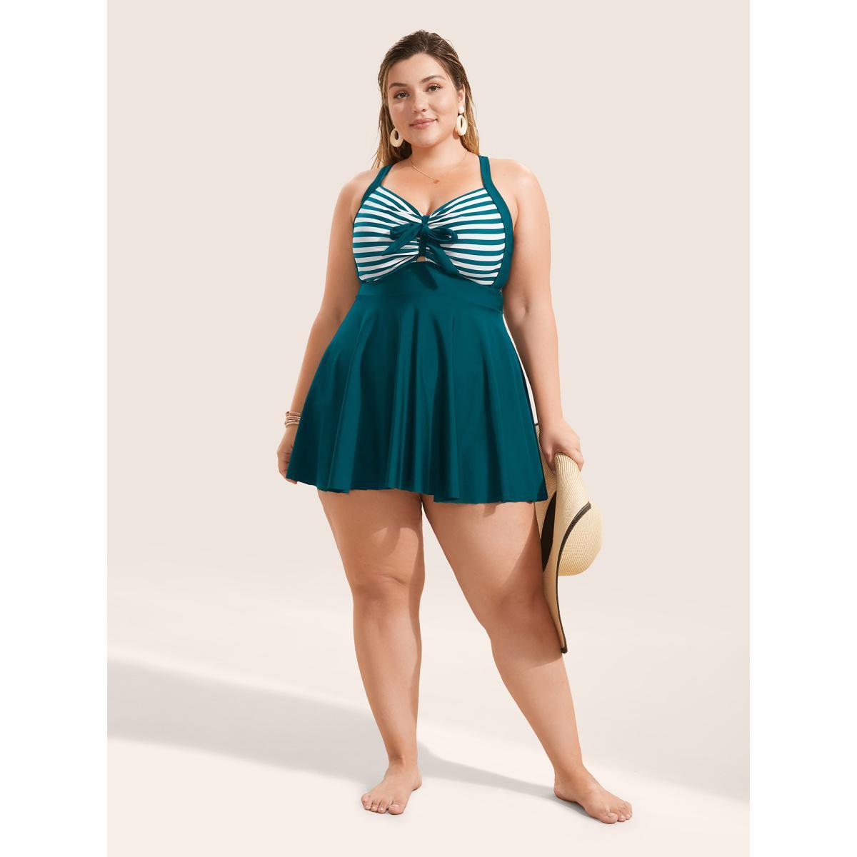 Plus Size Stripes Patchwork Tie Knot Cross Straps Swim Dress Women's Swimwear Teal Beach Bodycon Heart neckline High stretch Curve Swim Dresses BloomChic 18-20/2X Product Image