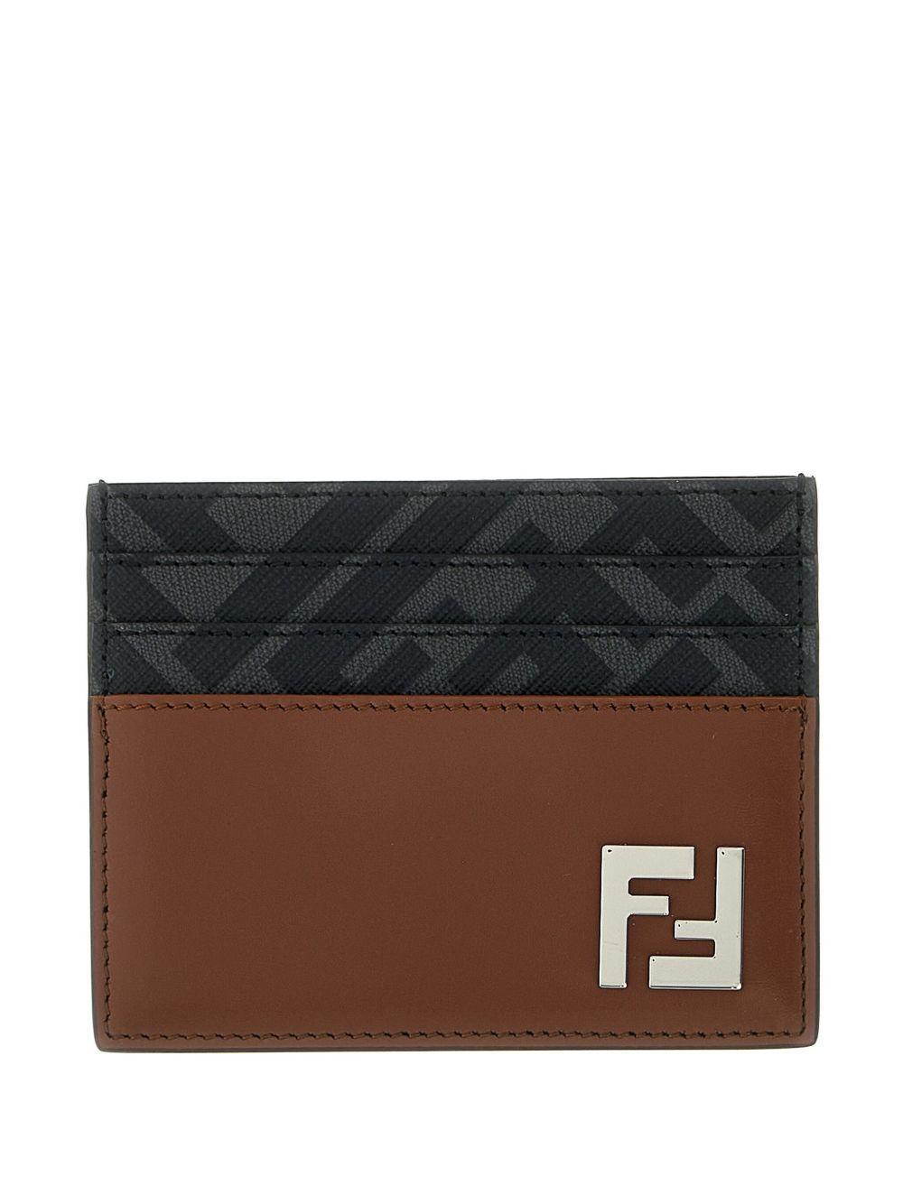 FENDI Leather And Ff Canvas Squared Card Holder In Brown Product Image