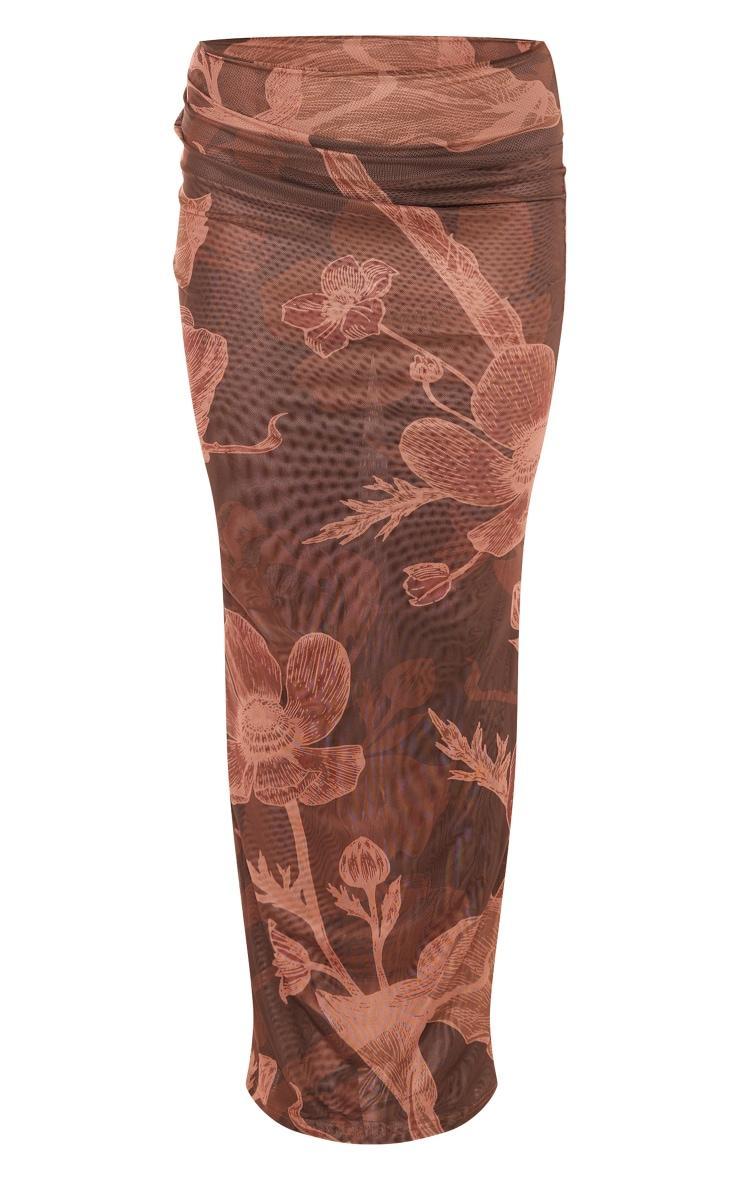Brown Floral Printed Ruched Maxi Skirt Product Image