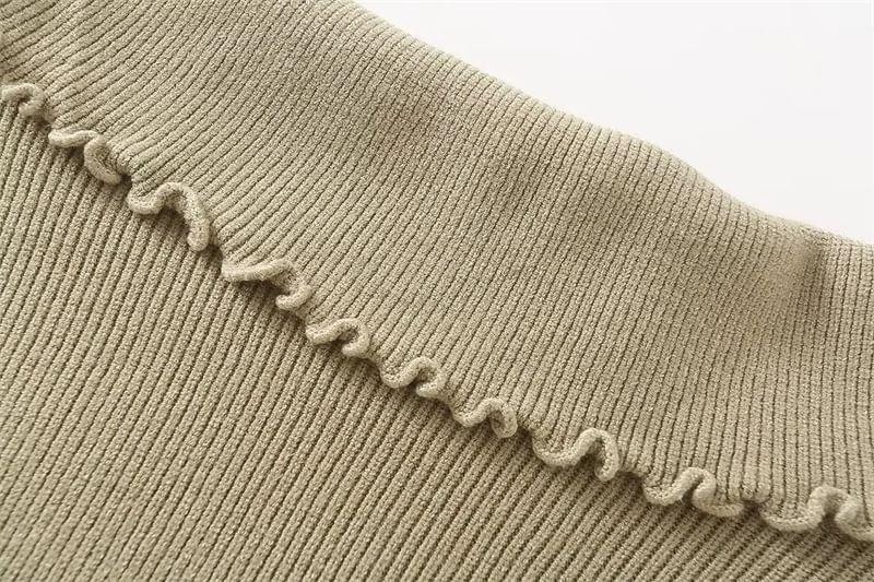 Long Sleeve Boat Neck Plain Frill Asymmetrical Knit Top Product Image