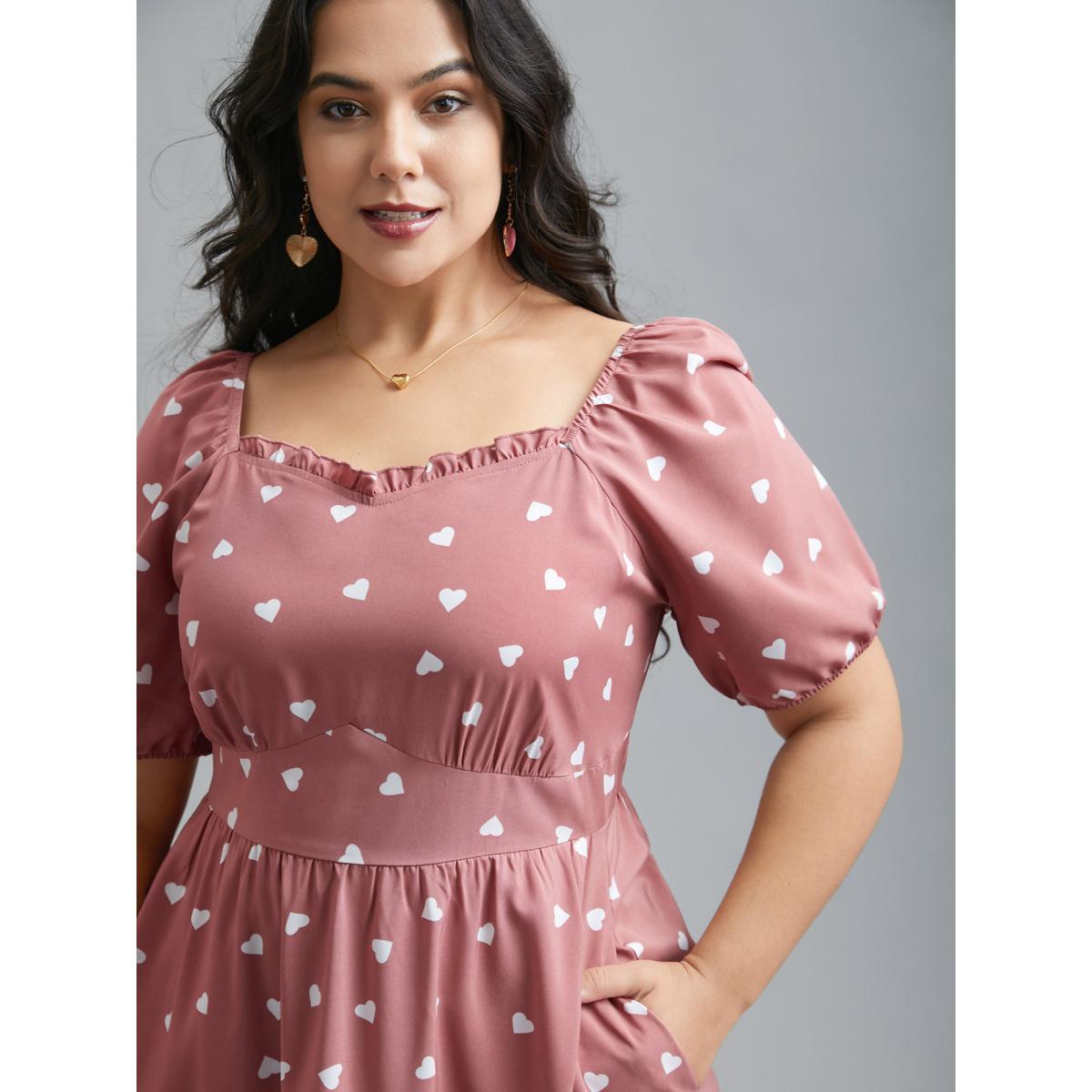 Plus Size Ruffled Stretchy Waist Puff Sleeve Dress DustyPink Women Elegant Gathered Heart neckline Half Sleeve Curvy BloomChic 28/5X Product Image