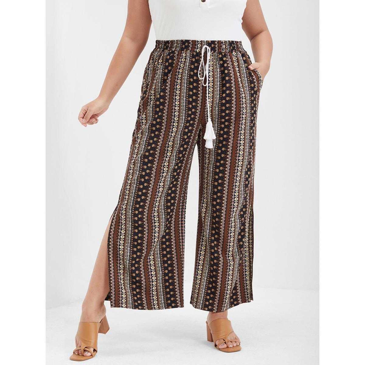 Plus Size Ditsy Floral Tassel Ties Front Pocket Split Pants Women Brown Vacation High Rise Dailywear Pants BloomChic 10/M Product Image