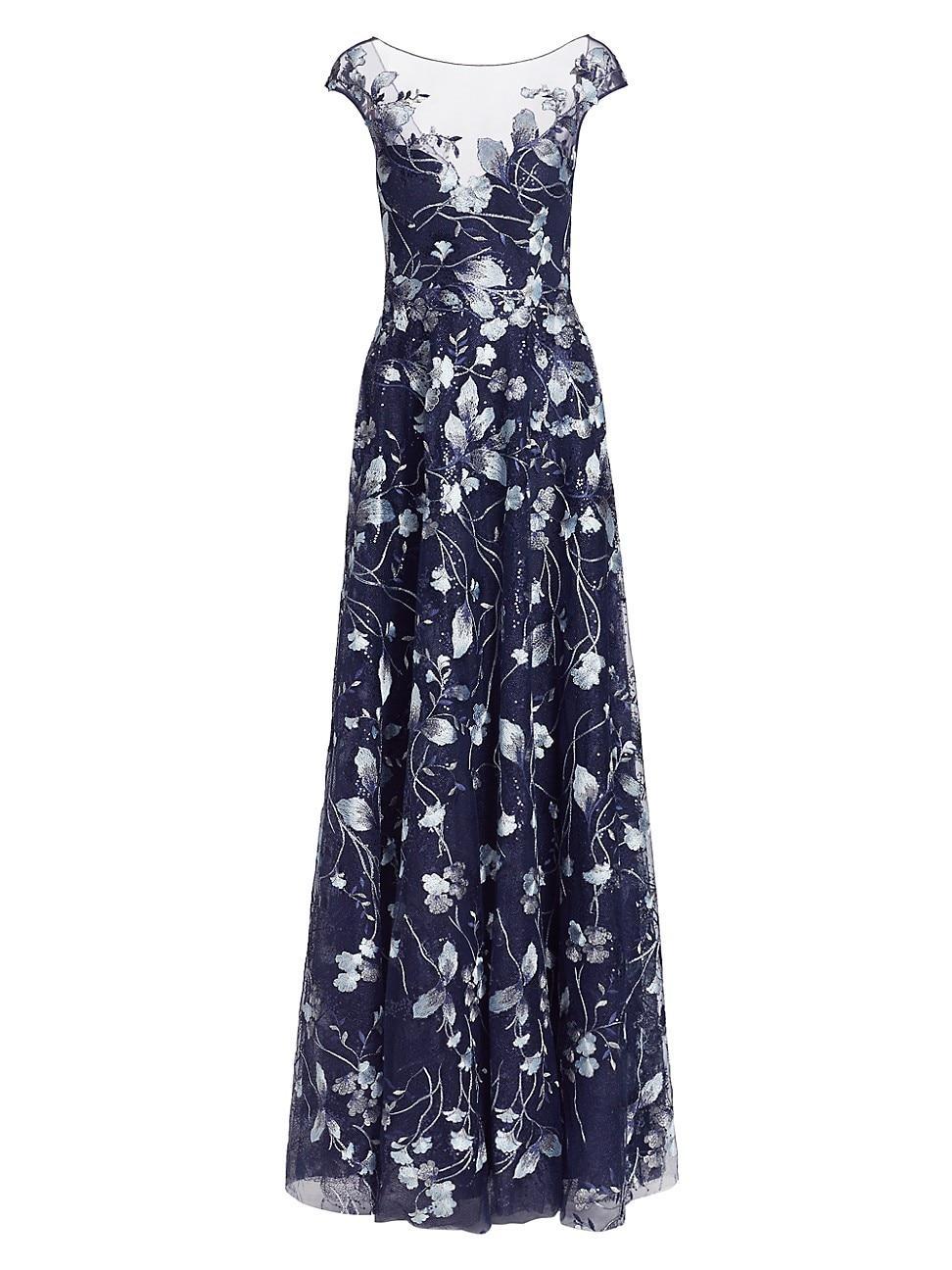 Cap-Sleeve Embroidered Tulle A-Line Gown Product Image