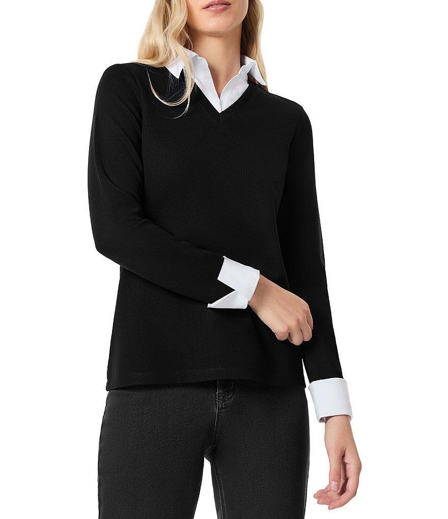 Jones New York Knit Solid V-Neck Cotton Poplin Twofer Product Image
