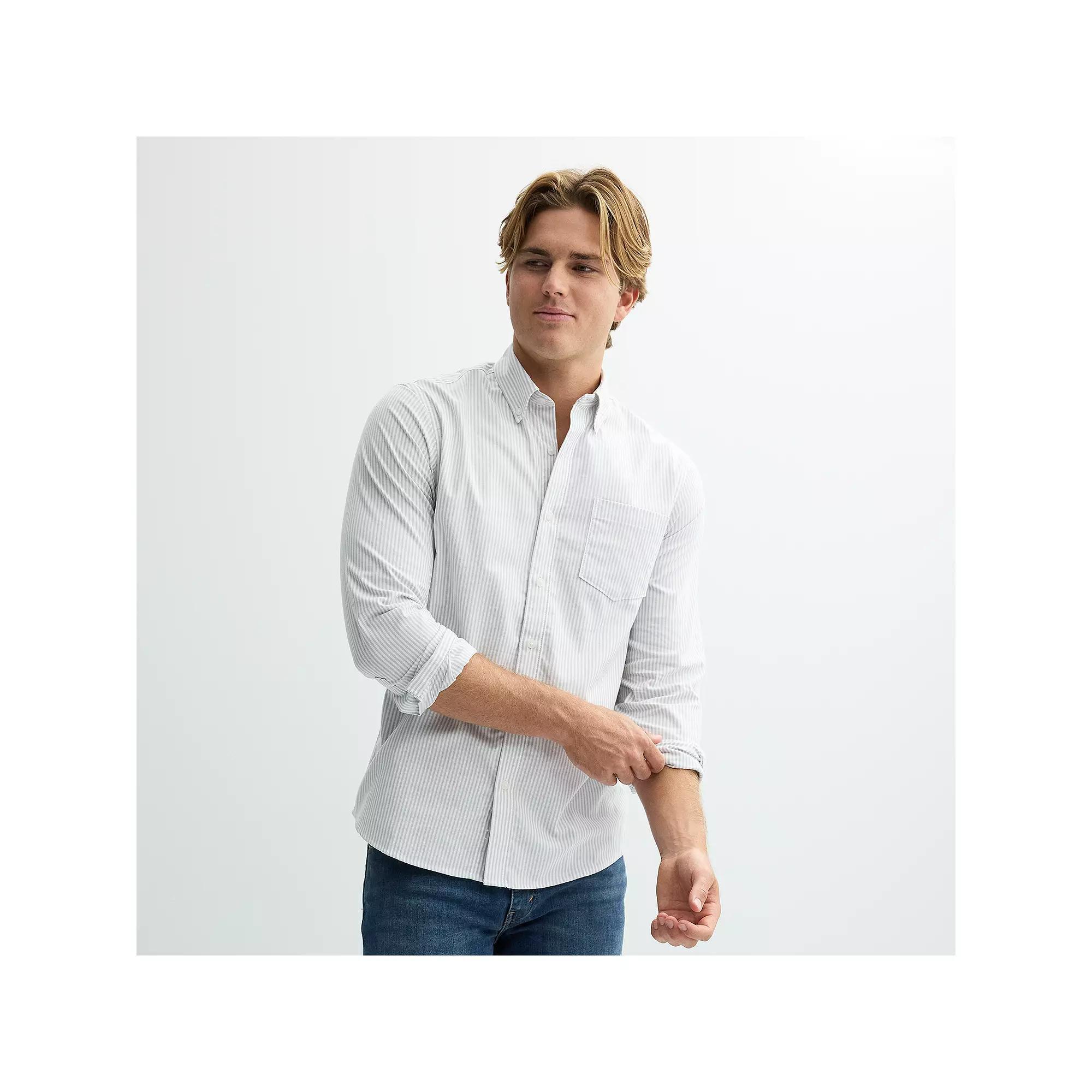 Men's Tall Sonoma Goods For Life® Perfect Length Slim Fit Button Down Shirt, Size: XXL Tall, Grey And White Stripes Product Image