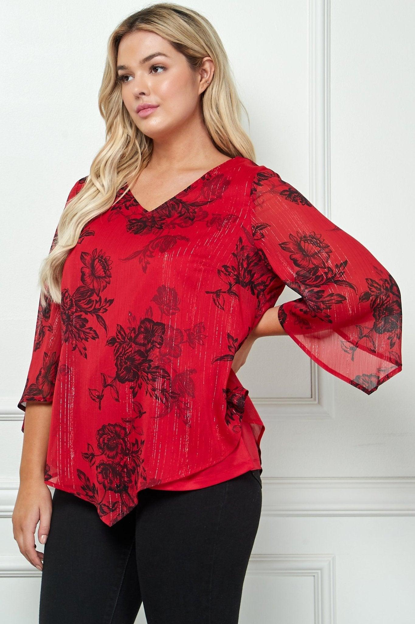 3/4 Sleeve Hanky Hem V-Neck Blouse- Plus Product Image