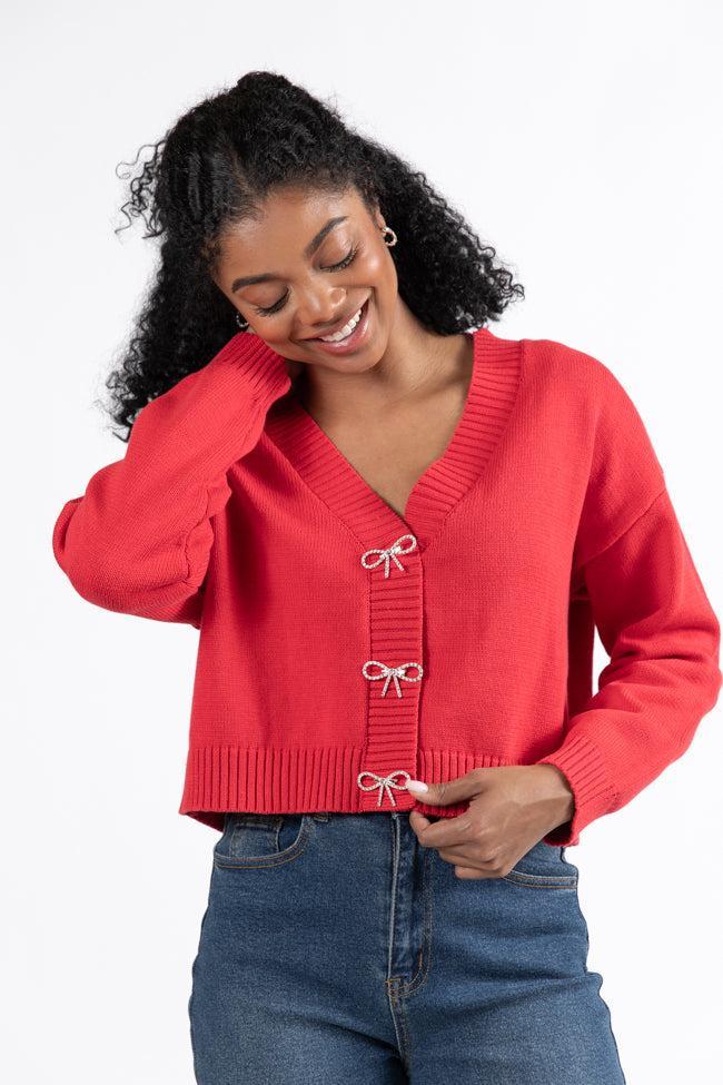 What A Sleigh Red Bow Embellished Button Cardigan SALE Product Image