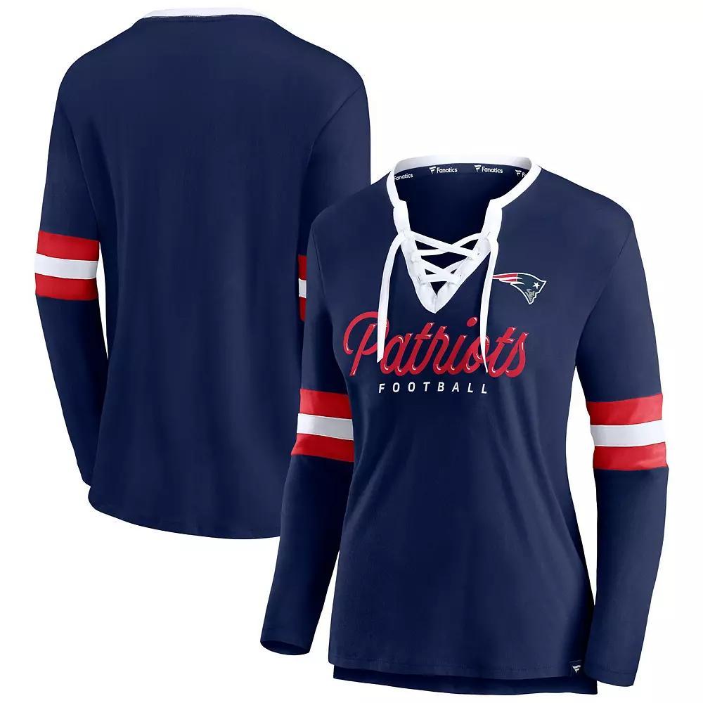 Womens Fanatics Branded New England Patriots Block Party Team Script Lace-Up Long Sleeve T-Shirt Blue Product Image